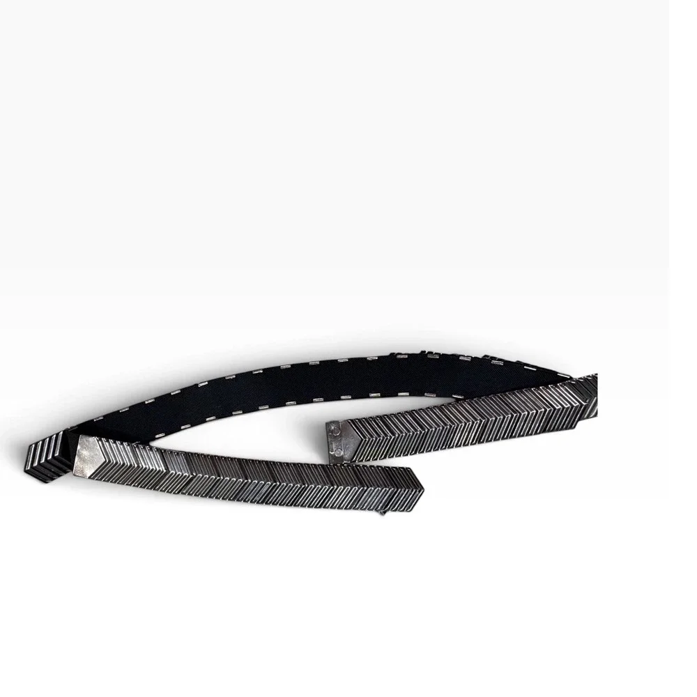 Vintage Fish Scale Metal Textured Western Boho Elastic Belt Gunmetal Black